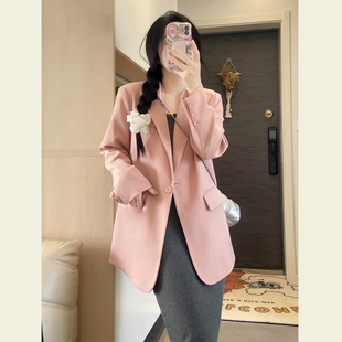 粉色西装外套女高级设计感小众春秋季韩版宽松显瘦垂感小个子西服