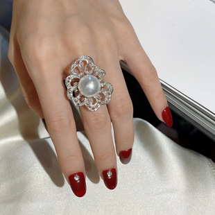 原创镶钻珍珠镶嵌小众高级感法式复古气质，中指戒指女开口影楼道具