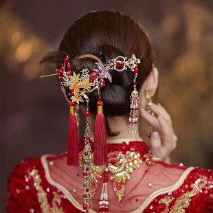 中式婚礼旗袍秀禾服古装新娘古装头饰红色流苏套装跟装配饰品