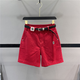 洋气红色休闲牛仔短裤，女2024夏季字母刺绣，高腰显瘦直筒阔腿五分裤