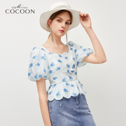 misscocoon时尚上衣夏季款，甜美花朵方领灯笼袖雪纺衫