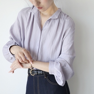 xiner淡蓝紫色暗纹长袖衬衫女高级感时髦温柔立领上衣2022春秋季