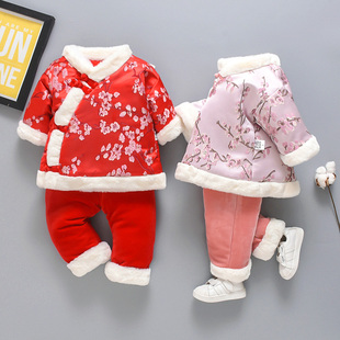 女童冬季加绒加厚棉衣套装婴儿周岁喜庆唐装宝宝过年礼服1-2-3岁