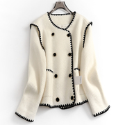 v622撞色显瘦双排扣圆领白色法式毛呢外套，秋冬短款女呢子大衣