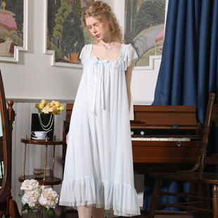 宫廷风睡衣莫代尔性感女法式白色睡裙，纯棉夏季长裙公主风长款吊带