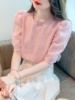 韩国亮片短袖t恤女夏季2024年设计感小众独特别致泡泡袖雪纺上衣