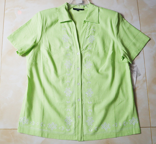 外贸苎麻短袖衬衫，麻料女士上衣绿色绣花-4547