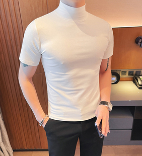 轻熟风半高领t恤男高级感修身短袖丝光棉上衣纯色中领内搭打底衫