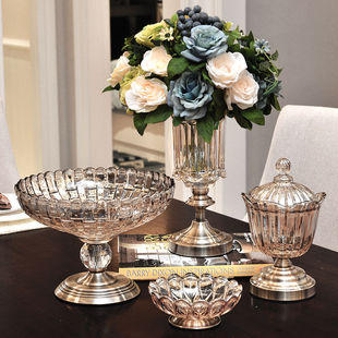 奢华欧式现代玻璃，果盘客厅创意茶几，水晶玻璃水果盘花瓶套装摆设