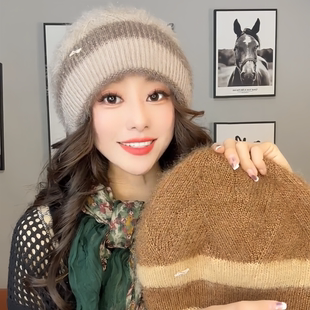 松鼠绒双层针织时尚百搭冬季堆堆帽女士编织韩版保暖帽秋冬帽子女