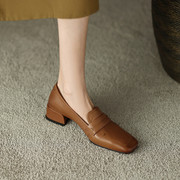宫池法式复古真皮女鞋，方头粗跟牛筋，底软底舒适低帮鞋单鞋