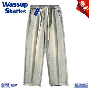 wassupshark美式复古水洗，做旧黄泥牛仔裤春秋季男士，宽松阔腿长裤