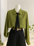 绿色领带衬衫女2024春设计感小众雪纺长袖上衣宽松学院风衬衣