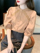条纹衬衫女短袖夏季2024年韩版宽松短款洋气泡泡袖设计感上衣