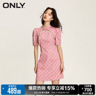 新中式only夏季时尚，气质时髦印花法式泡泡袖短款牛仔连衣裙女
