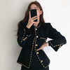 韩国chic优雅复古圆领镶边，设计单排扣宽松口袋，长袖粗花呢短外套女