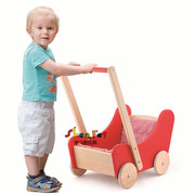 VIGA红色婴儿车宝宝学步手推车玩具娃娃家幼儿园仿真过家家实木