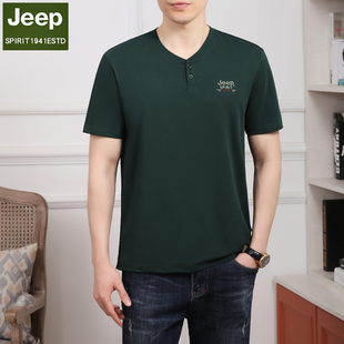 Jeep吉普短袖夏季男款宽松V领t恤男士高端体恤上衣服大码