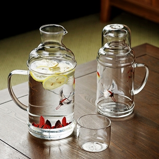 日式玻璃冷水壶凉水壶，瑞鹤彩绘家用大容量耐热水瓶，夏季果汁壶创意
