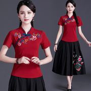 民族风女装上衣刺绣短袖纯棉t恤夏季复古中国风绣花立领上衣