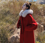 天宽松黑色上市24年冬季出货红色大毛领呢子大衣新年大红喜庆