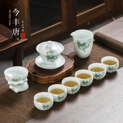 影青功夫茶具套装家用会客整套白瓷简约盖碗青瓷家用泡茶茶杯套装