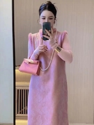 中国风新中式黑色连衣裙女金丝绒拼接粉色领子高级感穿搭裙子长裙