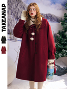 takeanap午睡斗篷毛呢，大衣女可拆羊羔，娃娃领本命年新年红色外套