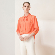 时尚百搭立领蝴蝶结系带橙色雪纺七分袖衬衫女式2022年春夏季