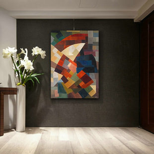 美式客厅玄关走廊竖版几何油画艺术挂画抽象现代简约工业风装饰画