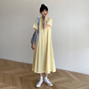 夏季chic鹅黄色连衣裙淡黄色仙女长裙，过膝坠感短袖奶油，黄雪纺(黄雪纺)裙子