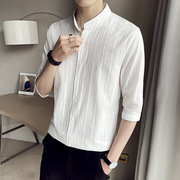 白衬衫男韩版修身七分短袖夏季薄款寸衫潮流帅气英伦中袖立领衬衣