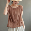 花概念原创设计感纯色苎麻包袖T恤衫女夏季复古文艺洋气褶皱小衫