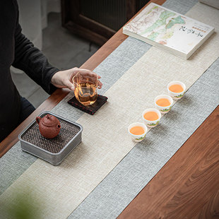 哲明茶席中式亚麻纹禅意，桌旗防水棉麻布艺，茶桌布茶盘垫茶桌旗高端