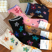 韩国秋冬袜子kikiya刺绣花朵女士，中筒袜浮雕，感暗菱形格长棉袜