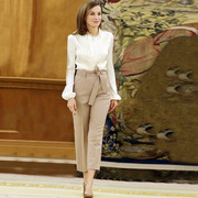 西班牙王妃同款优雅气质雪纺，白衬衫系腰带九分裤，纯色ol通勤两件套