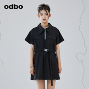 odbo polo领黑色短袖衬衫连衣裙女秋季2022年收腰显瘦a字裙子