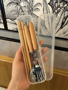 ins餐具木筷子勺子，三件套装学生成人，上班族户外便携式餐具收纳盒