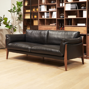 北美黑胡桃木真皮沙发意式极简轻奢沙发三人位中小户型纯实木组合