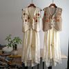 美式复古刺绣花朵镂空针织马甲甜美蕾丝吊带连衣裙两件套