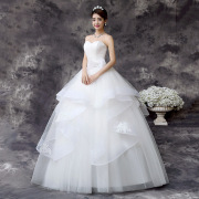 新娘礼服修身白色抹胸，缎带韩式婚纱，显瘦齐地绑带婚纱纯色