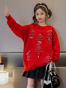 女童红色毛衣2023秋冬新大童时尚洋气中长款红色圆领儿童圣诞毛衣