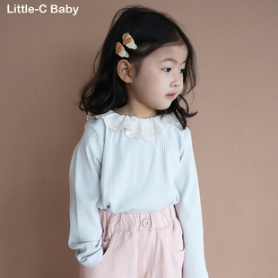 软糯坑条蕾丝领~韩国女童，2024春装娃娃，领纯棉t恤长袖打底衫