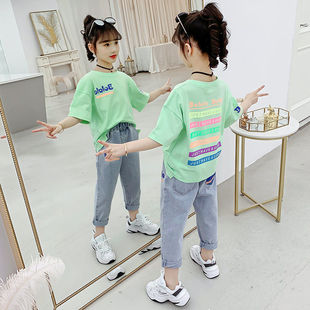 女童套装夏季2024韩系网红洋气中大童装牛仔运动裤子两件夏装