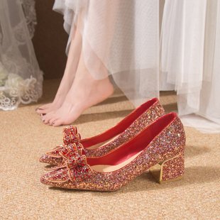 红色婚鞋婚纱秀禾高跟新娘鞋，2023秋季珍珠，蝴蝶结结婚单鞋粗跟