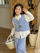 韩版女童装儿童春季韩版时髦洋气 薄款牛仔马甲长袖衬衫阔腿裤3件
