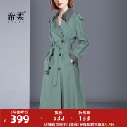 2023秋季修身时尚绿色风衣女中长款收腰气质英伦风大衣外套