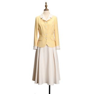 伊琪秋鹅黄色千鸟格羊毛，外套白色斜纹面料半裙套装可定制