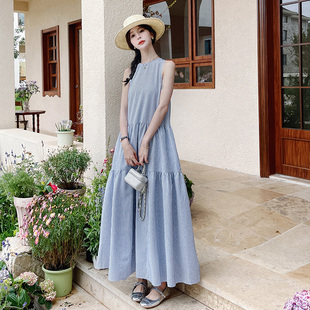蓝色法式条纹背心长裙女夏季2024韩版马甲，无袖连衣裙两件套装