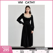 vivicathy黑色法式复古蕾丝拼接连衣裙仪式感优雅丝绒气质连衣裙